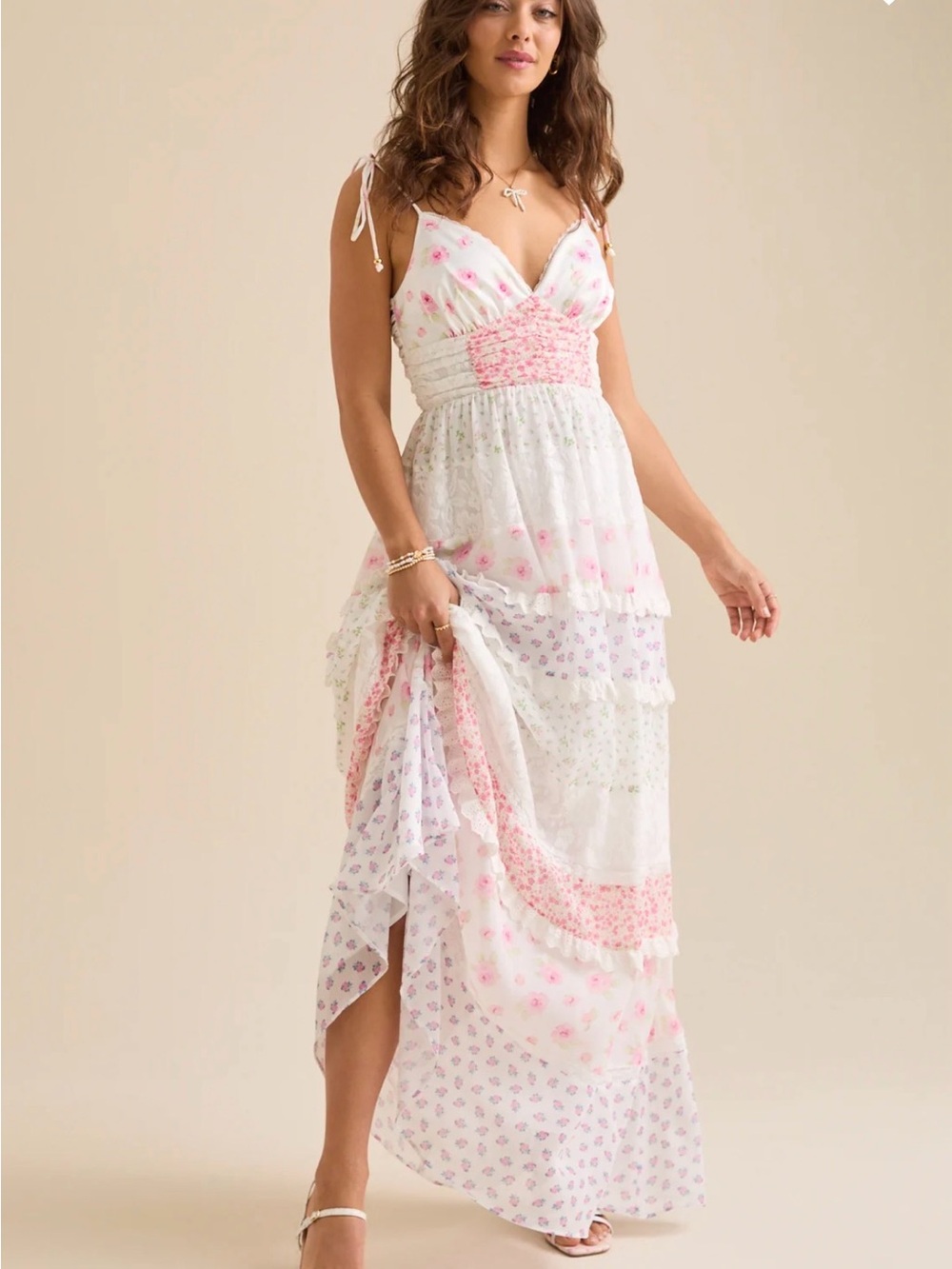 Altar'd State White Maxi Dress with Pink Floral Accents